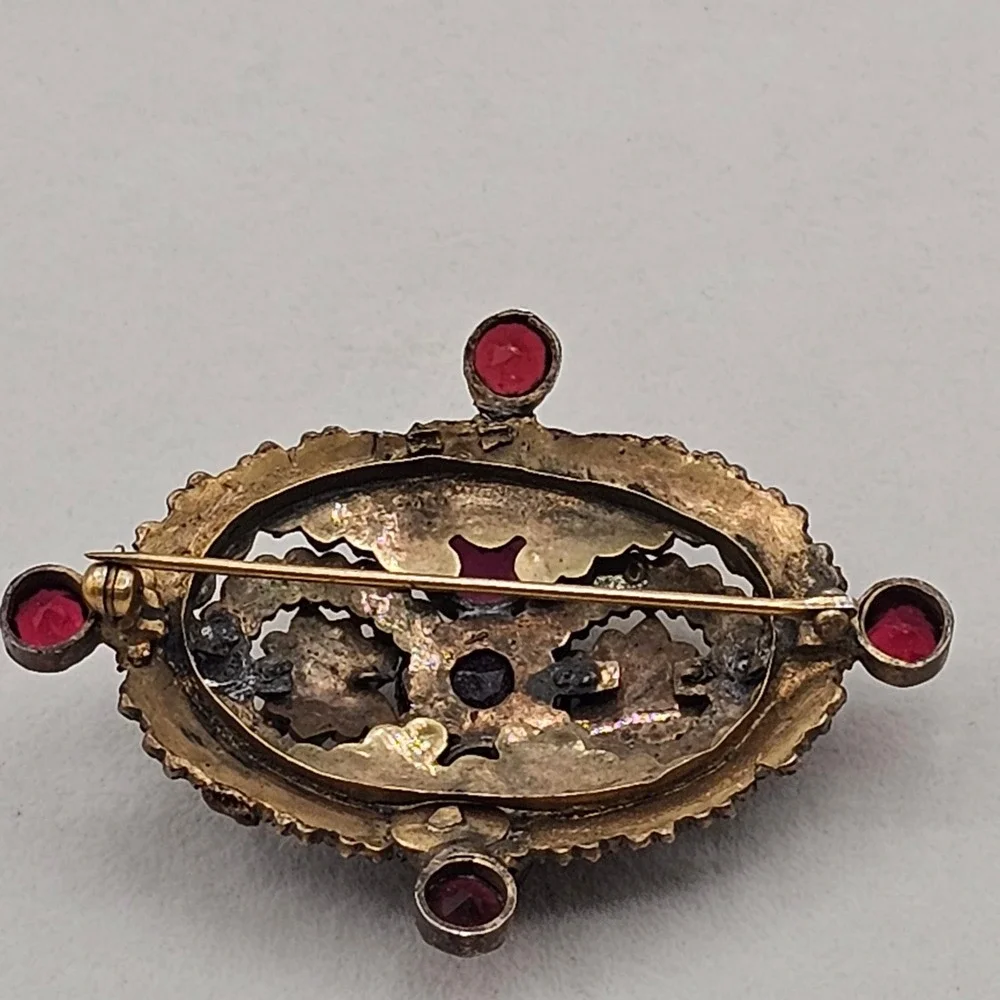Vtg Bohemian Czech Garnet Brooch Deep Red Victorian Style Floral Cluster 2.5